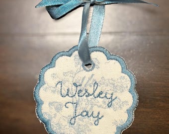 Blue Toile Backpack Name Tag – Personalized Diaper Bag or Luggage Tag with Ribbon | Custom Initial or Name Tag for Kids | Back to School ID