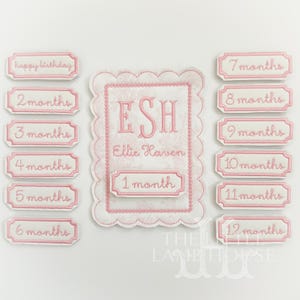 Pink Toile Baby Milestone Keepsake – Personalized Grandmillennial Baby Girl Gift | Custom Baby Name Appliqué Monthly Photo Prop with Velcro