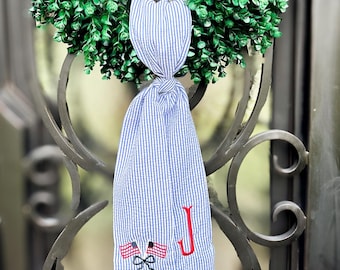 4th of July Wreath Sash – Seersucker Wreath Bow with Red Initial & American Flags | Patriotic Door Decor | Monogrammed Holiday Accent