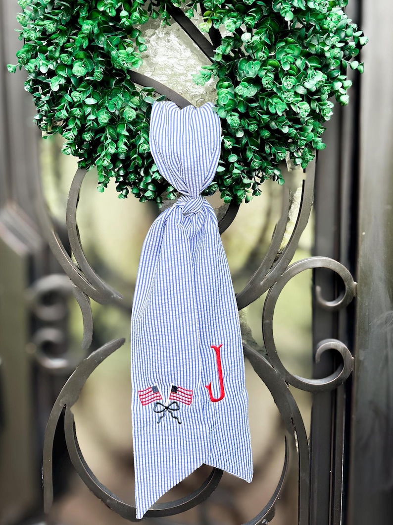 4th of July Wreath Sash – Seersucker Wreath Bow with Red Initial & American Flags | Patriotic Door Decor | Monogrammed Holiday Accent