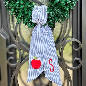 Personalized Back to School Wreath Sash – Seersucker with Apple Embroidery & Monogram | Teacher Gift | First Day of School Classroom Decor