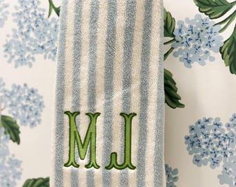 Coastal Grandmillennial Hand Towel – Powder Blue & White Stripe | Elegant Green Embroidered Guest Towel | Southern Cottage Bathroom Decor