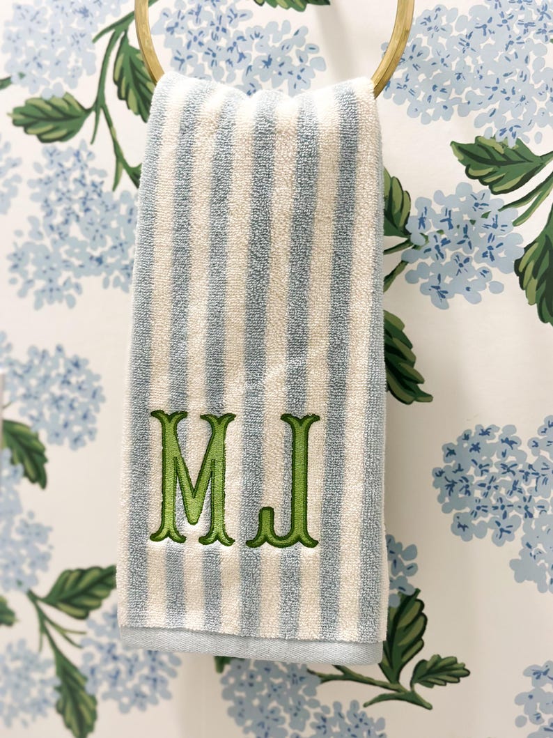 Coastal Grandmillennial Hand Towel – Powder Blue & White Stripe | Elegant Green Embroidered Guest Towel | Southern Cottage Bathroom Decor