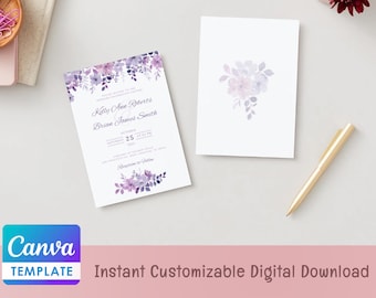 Purple Floral Wedding Invitation Template | Editable Canva Invite