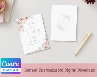 Blush Peach Floral Wedding Invitation Template | Editable Canva Invite