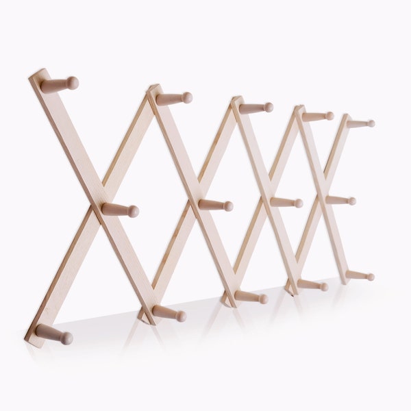 Accordian Wall Hanger X Shaped 37x16 Inches with 14 Wooden Pegs (2 Inches Long) - Ash White