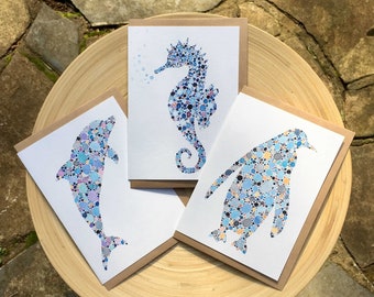 Set of Three Sea Animal Greeting Cards, Watercolor Greeting Cards, Watercolour Sea horse, Penguin and Dolphin Prints