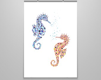 Watercolor Seahorses Fine Art Print, Watercolour two Seahorses, Sea Animals Art Print , Seahorse Modern Wall Art Home Decor