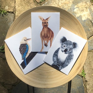 Australian Animal Watercolor Greeting Cards: Koala, Kangaroo, Kookaburra Set