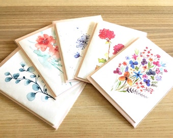 Set of Five Floral Greeting Cards, Watercolor Greeting Crads, Watercolour Flowers Prints