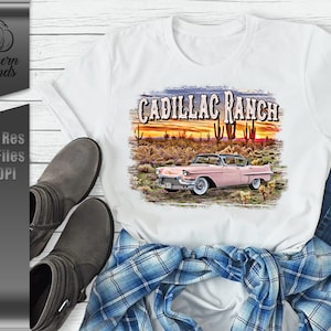 Cadillac Ranch, Southern Strands, Instant Digital Download, PNG High Resolution 300 DPI, Western Design with Cactus and Cadillac