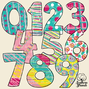 May include: Colourful patterned numbers from zero to nine. Each number is a different pattern of pink, yellow, blue, and green.