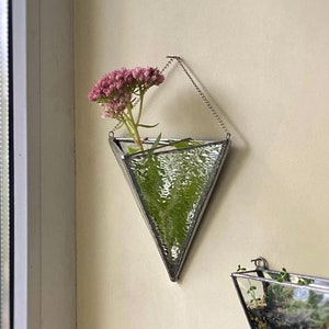 May include: Two triangular glass terrariums with metal frames hanging on a wall. The top terrarium has a pink flower and green plant inside. The bottom terrarium has green plants and soil inside.