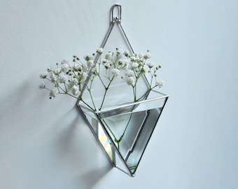 Hanging glass wall mirror vase. Wall Planters with Faceted Glass, Stained Glass Geometric Terrarium, Geometric Flowerpot, Garden Mirror