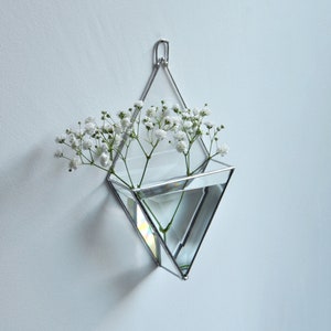 Hanging glass wall mirror vase. Wall Planters with Faceted Glass, Stained Glass Geometric Terrarium, Geometric Flowerpot, Garden Mirror image 1