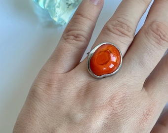Bright orange round Stained Glass Ring. Large orange handmade ring.