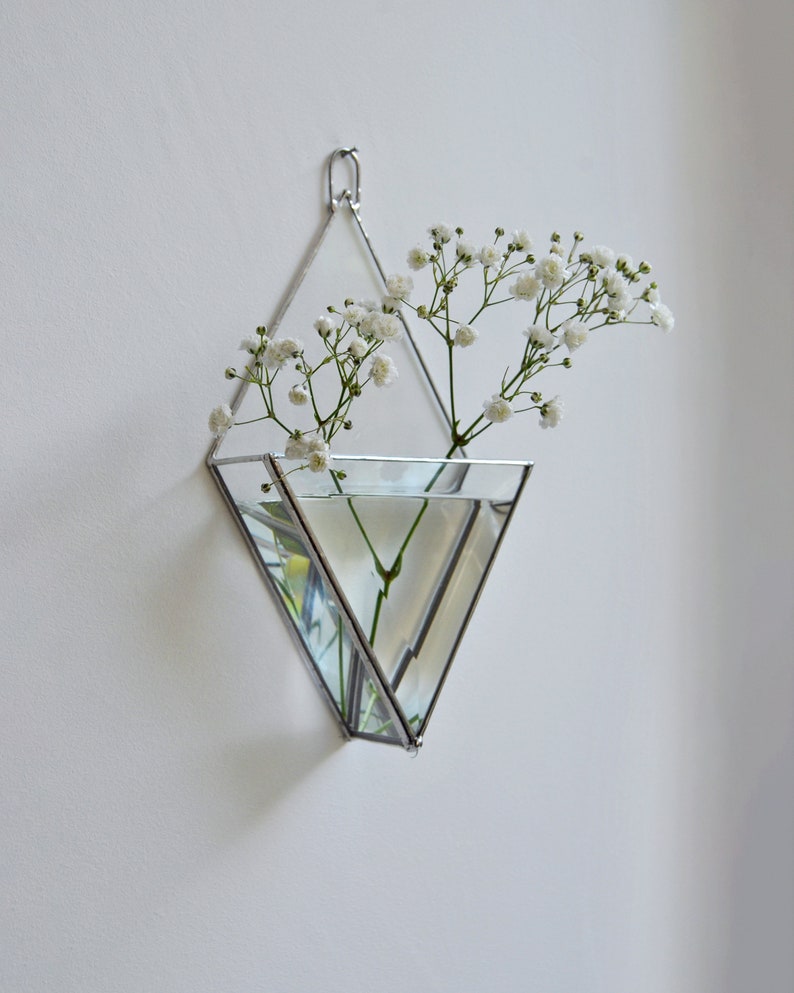 Hanging glass wall mirror vase. Wall Planters with Faceted Glass, Stained Glass Geometric Terrarium, Geometric Flowerpot, Garden Mirror image 3