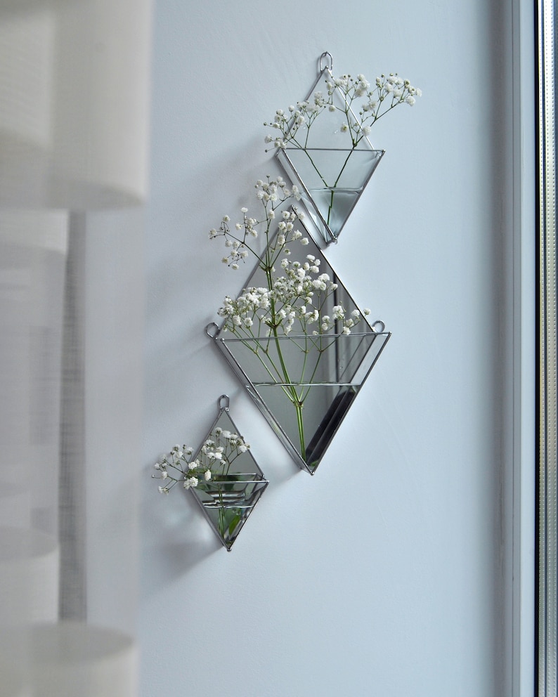 Hanging glass wall mirror vase. Wall Planters with Faceted Glass, Stained Glass Geometric Terrarium, Geometric Flowerpot, Garden Mirror image 10