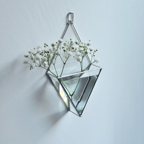 Hanging glass wall mirror vase. Wall Planters with Faceted Glass, Stained Glass Geometric Terrarium, Geometric Flowerpot, Garden Mirror