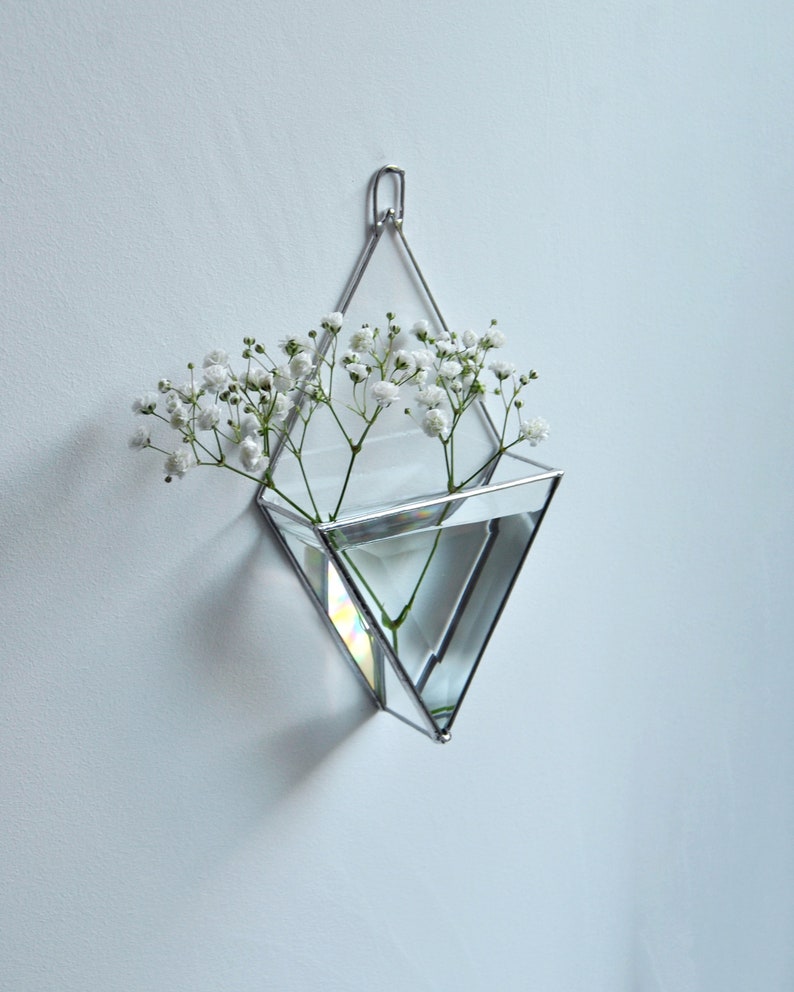 Hanging glass wall mirror vase. Wall Planters with Faceted Glass, Stained Glass Geometric Terrarium, Geometric Flowerpot, Garden Mirror image 1