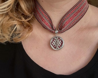 Charry Red Statement Necklace with Pendant Embroidery Design, Stained glass collar necklace with Mirror handmade Paint, Unique Jewelry