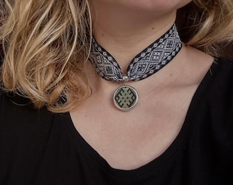 Black Statement Necklace with Pendant Embroidery Design, Ribbon collar choker, Ukrainian dukach jewelry