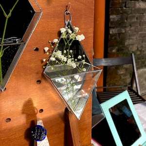 Hanging glass wall mirror vase. Wall Planters with Faceted Glass, Stained Glass Geometric Terrarium, Geometric Flowerpot, Garden Mirror image 6