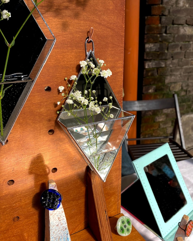 Hanging glass wall mirror vase. Wall Planters with Faceted Glass, Stained Glass Geometric Terrarium, Geometric Flowerpot, Garden Mirror image 6