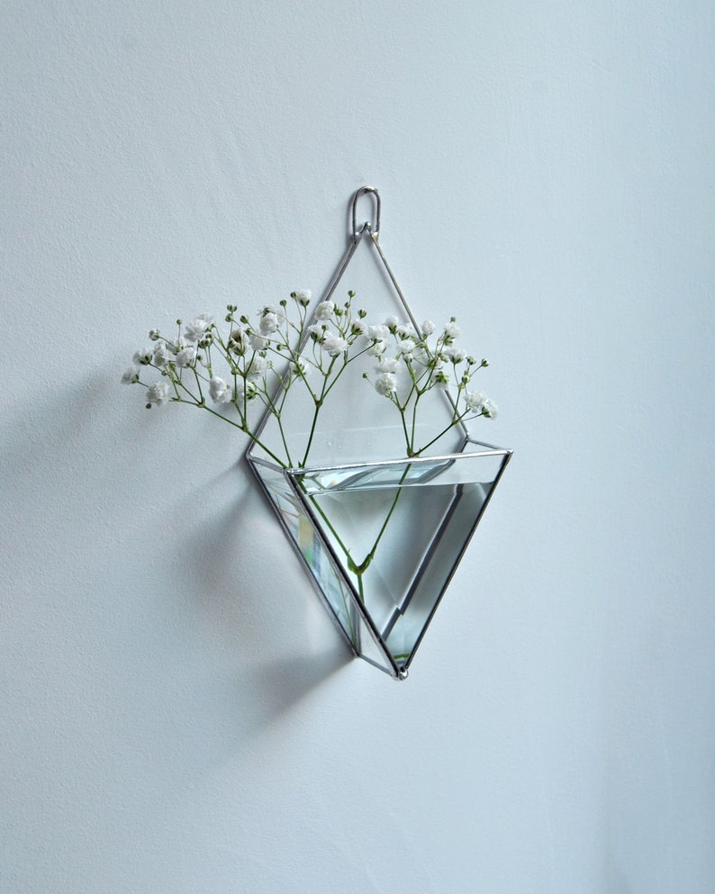 Hanging glass wall mirror vase. Wall Planters with Faceted Glass, Stained Glass Geometric Terrarium, Geometric Flowerpot, Garden Mirror image 8