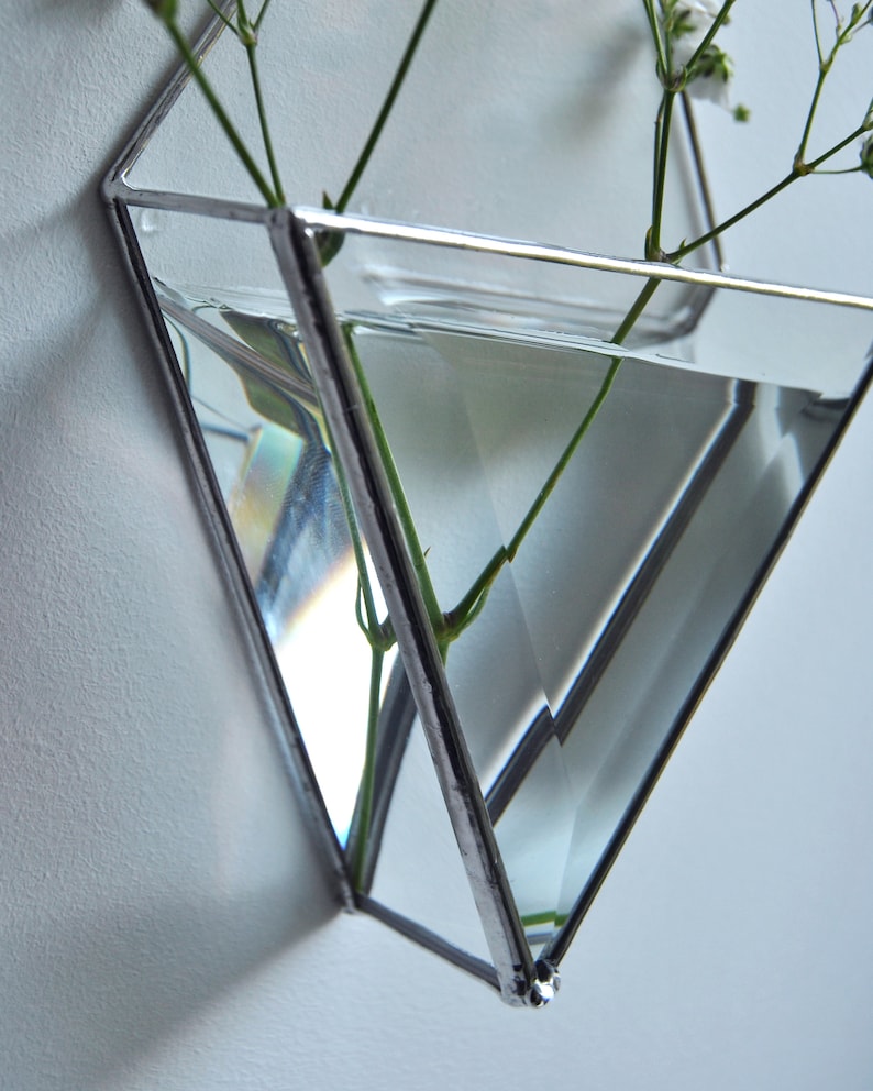 Hanging glass wall mirror vase. Wall Planters with Faceted Glass, Stained Glass Geometric Terrarium, Geometric Flowerpot, Garden Mirror image 7