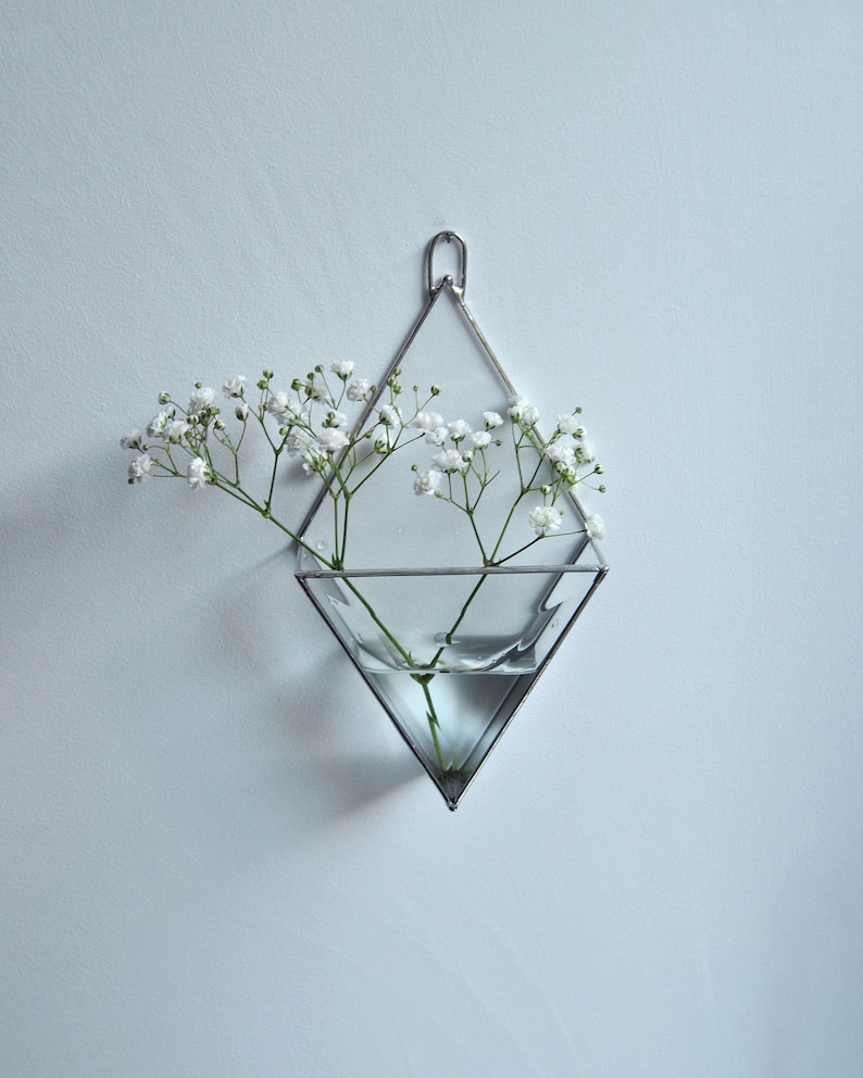 Hanging glass wall mirror vase. Wall Planters with Faceted Glass, Stained Glass Geometric Terrarium, Geometric Flowerpot, Garden Mirror image 2