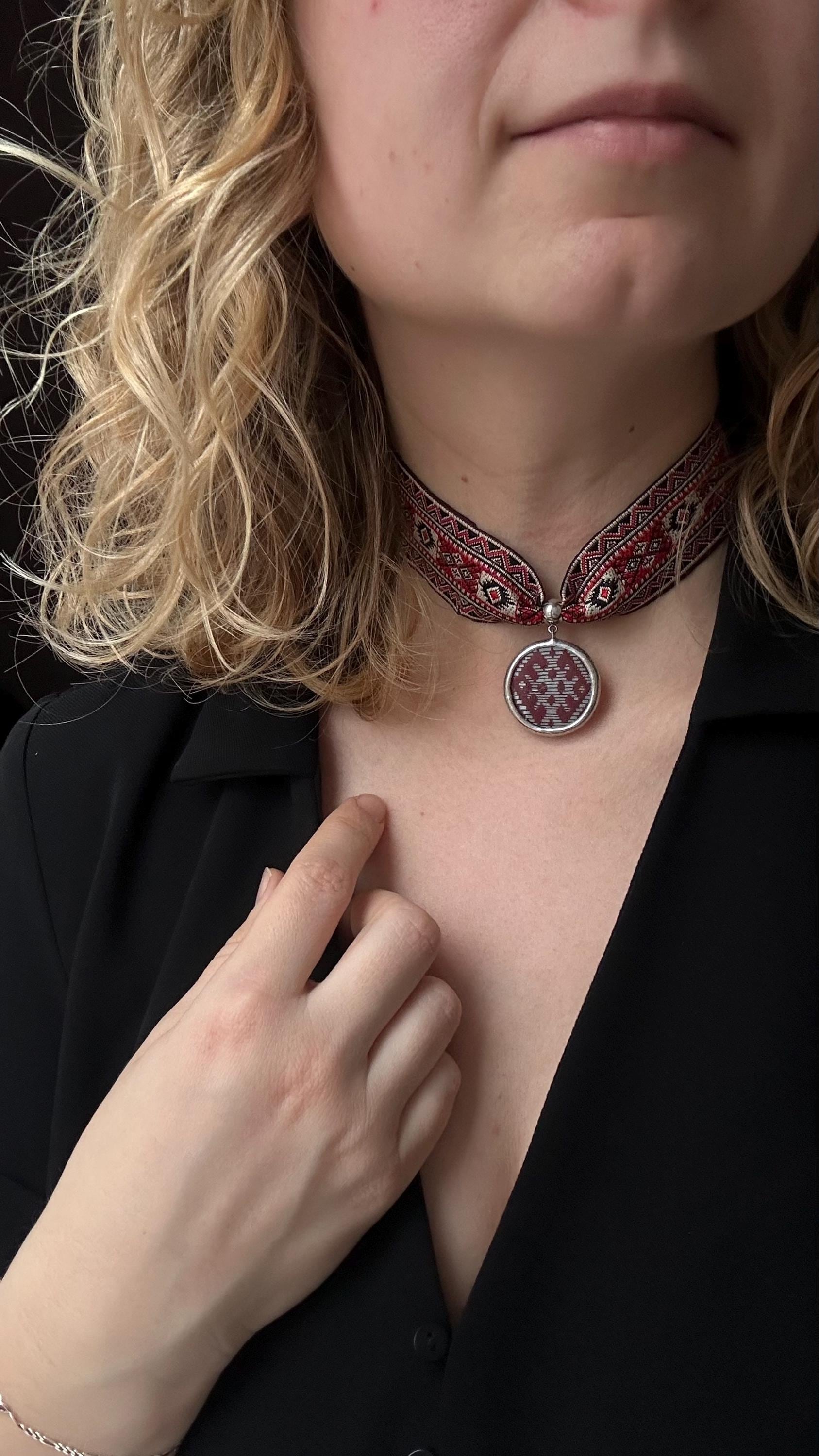 Stained glass Handmade Red Necklace with Ukrainian Embroidery Design, Adjustable Choker with circle Pendant, Unique Jewelry for Women