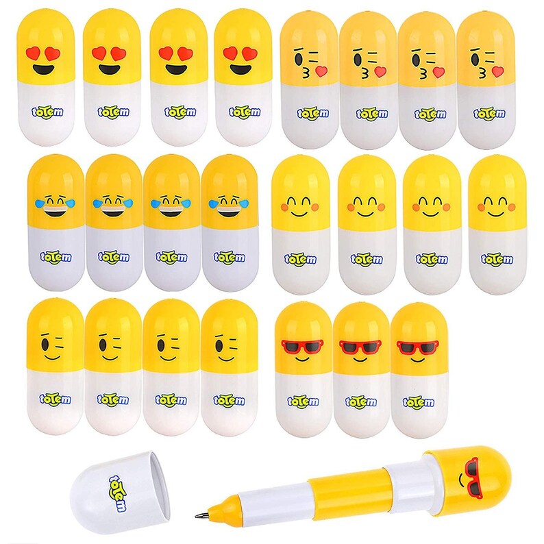 Totem World 48 Emoji Vitamin Pill Retractable Ballpoint Capsule Pen with Cute Yellow Emoticon Faces