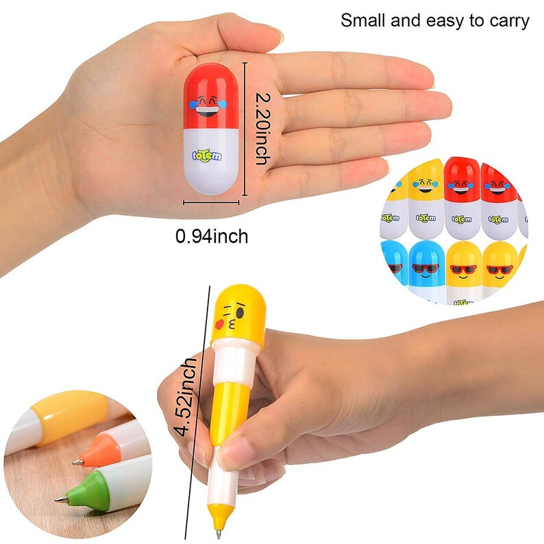 Totem World 48 Emoji Vitamin Pill Retractable Ballpoint Capsule Pen with Cute Yellow Emoticon Faces