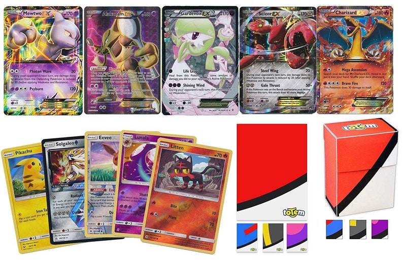100 Pokemon Cards with 5 Holo Rare Cards and Totem Deck Box