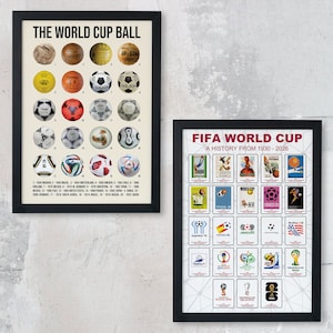 O PACOTE de poster da evolução do futebol do campeonato | 2 x estampas de futebol | História da Copa do Mundo | Disponível em tamanho de pôster A4, A3, A2