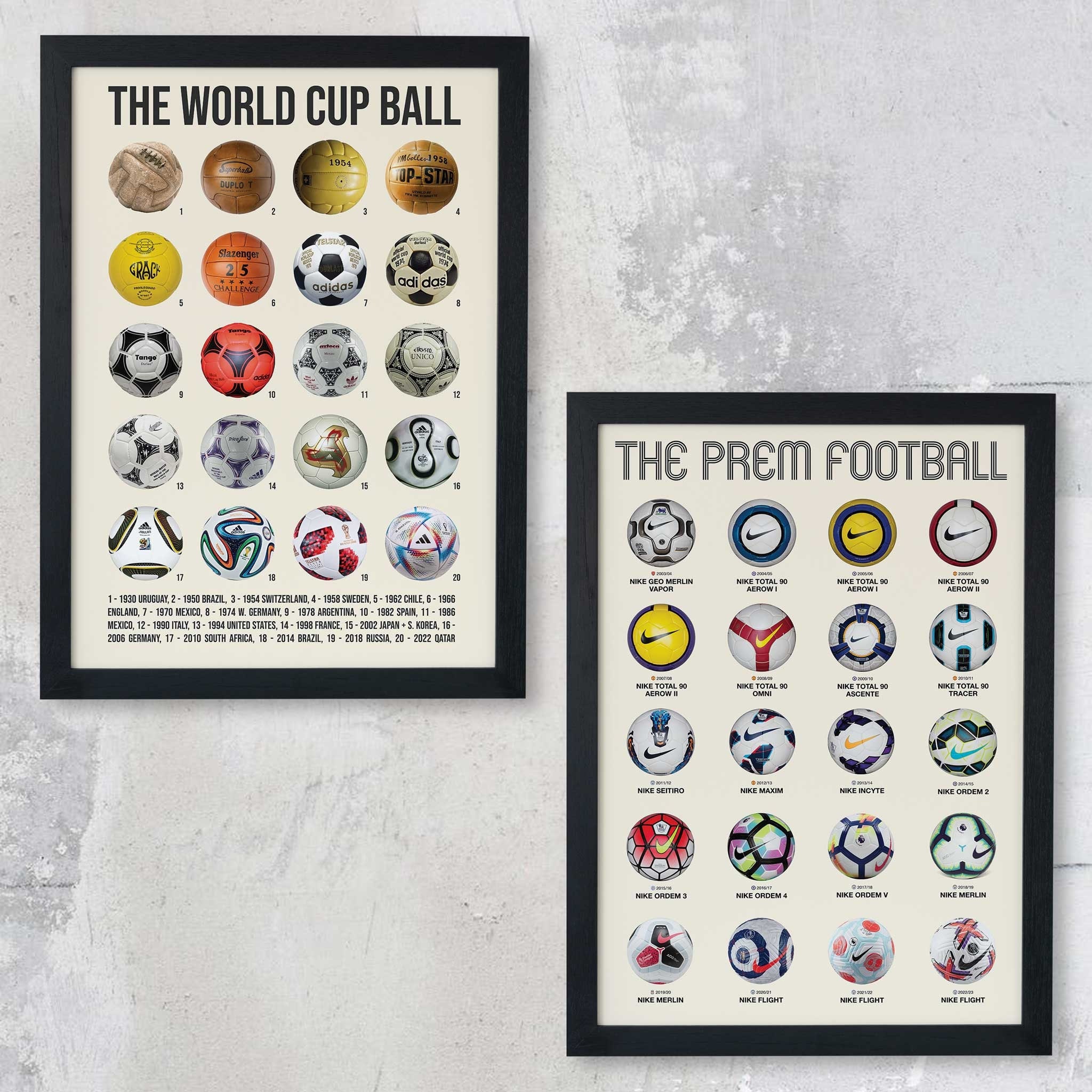 Football Evolution Poster Set of 2 Bundle | History of The World Cup and Premier League | Football Soccer Prints | A4, A3 & A2 Poster Size