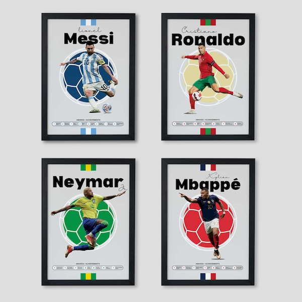 Legendary Football Player Poster BUNDLE x 4 | Messi, Ronaldo, Neymar, Mbappé | Football Soccer Print |  Available in A4, A3, A2 Poster Size
