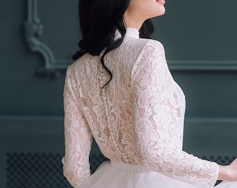 Bridal Separates Top - Lace Top - Lace Wedding Top - Wedding Dress Topper - High Neck Button Back Top - Bridal Blouse