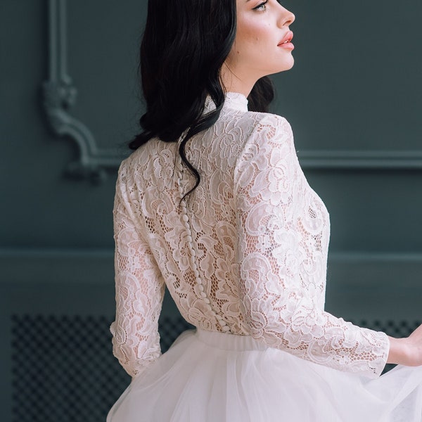 Bridal Separates Top - Lace Top - Lace Wedding Top - Wedding Dress Topper - High Neck Button Back Top - Bridal Blouse