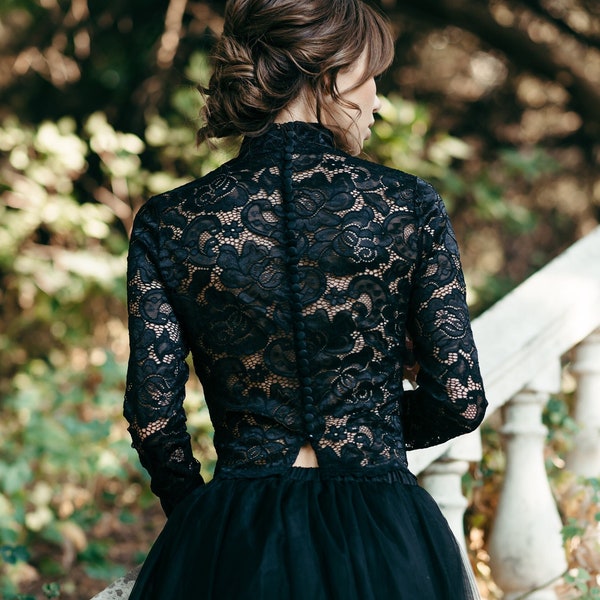 Black Lace Top - Bridal Top - Lace Wedding Top - Wedding Dress Topper - High Neck Top - Bridal Blouse - Bridal Separates