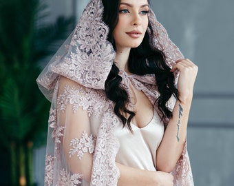 Wedding Cloak, Hooded Cloak, Wedding Cape, Lace Cape, Blush Wedding Dress, Lace Wedding Veil, Princess Bride, Hooded Cape, Bridal Cover Up