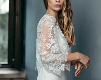 Bridal Top - Lace Wedding Top - White Blouse - Bridal Separates - Boho Wedding - White Lace Blouse - Sequin Crop Top