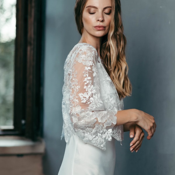Bridal Top - Lace Wedding Top - White Blouse - Bridal Separates - Boho Wedding - White Lace Blouse - Sequin Crop Top