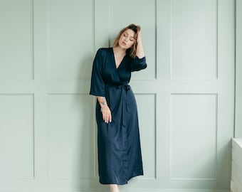 Navy Blue Satin Kimono Robe | Long Bridesmaid Dressing Gown | Handmade UK Bridal Party Gift