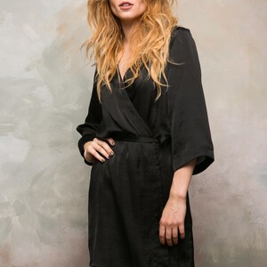 Black satin bridesmaid robe short length, kimono style dressing gown for wedding morning photos