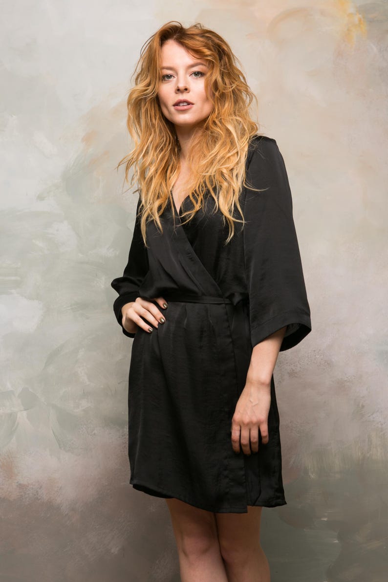 Black satin bridesmaid robe short length, kimono style dressing gown for wedding morning photos