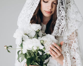 Ivory Lace Bridal Cloak: Hooded Cape with Train or Veil Alternative