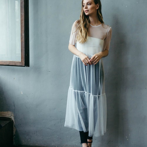 sheer polka dot wedding dress Sheer Long Sleeves Polka Dot A-Line Wedding Dress EU46