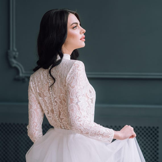 Ivory Lace Bridal Top · High Neck Wedding Dress Topper · Long Sleeve Bridal Blouse